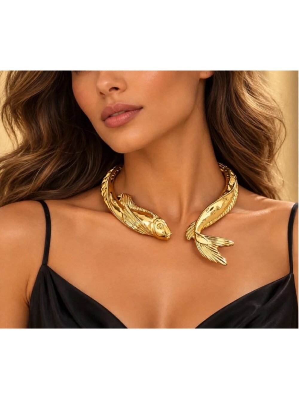 Zara Fish Necklace Antique Gold Koi Mermaid Boho Carp Statement Boho VTG Choker